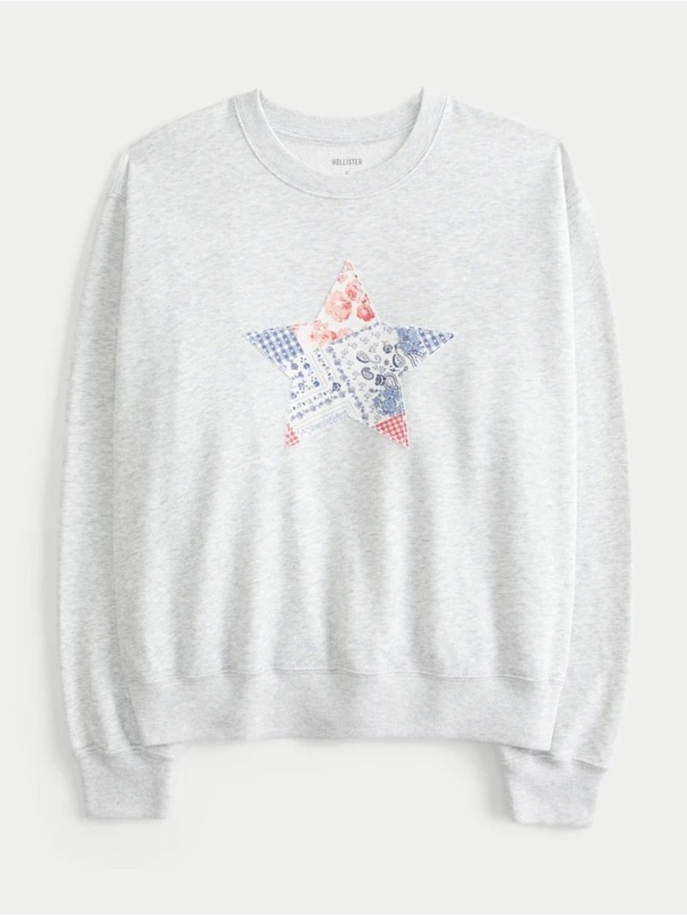 Hollister Heather Gray Crewneck Sweater with Patchwork Star